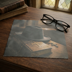 Gothic lens cloth lifestyle photo beside glasses on a dark wooden desk
