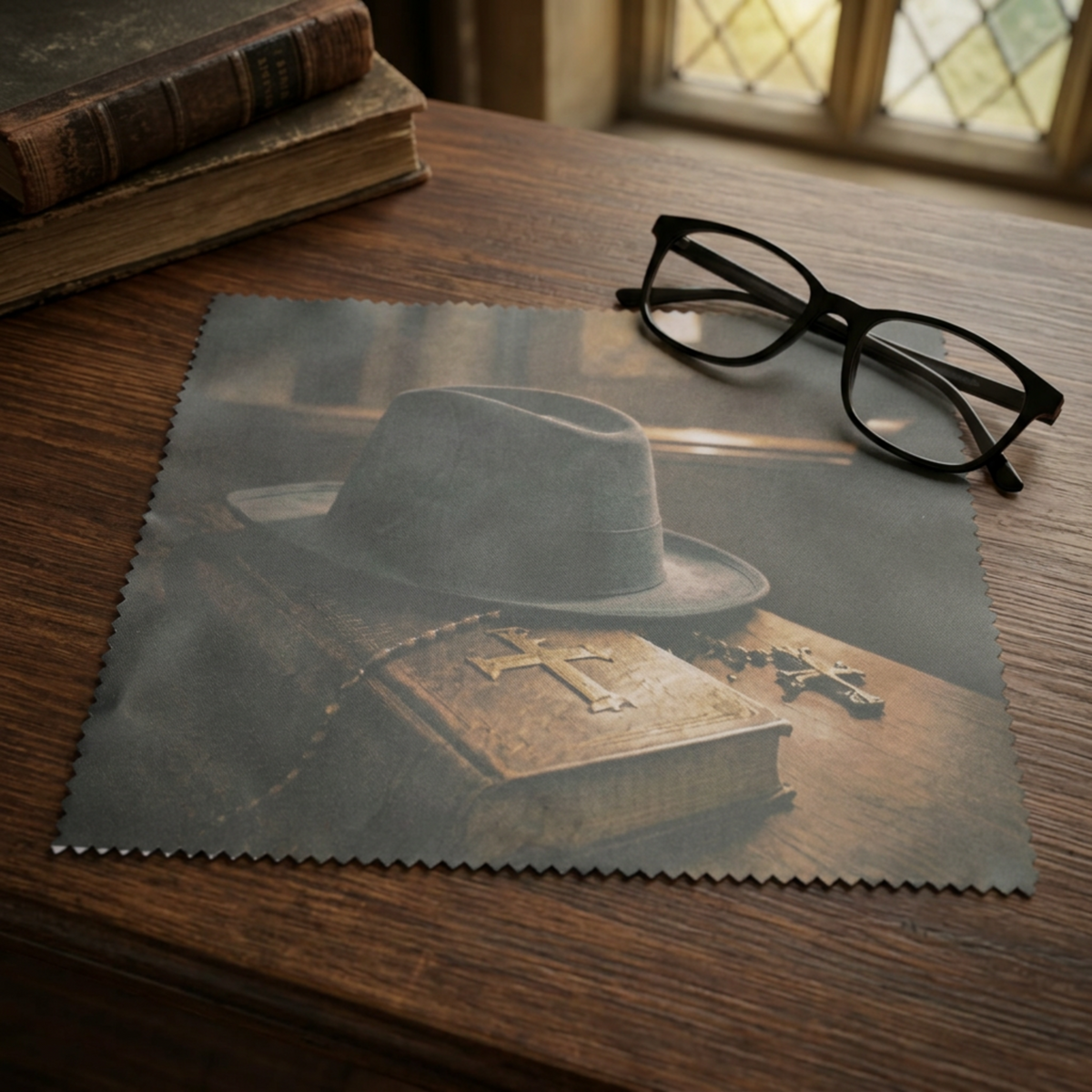 Gothic lens cloth lifestyle photo beside glasses on a dark wooden desk