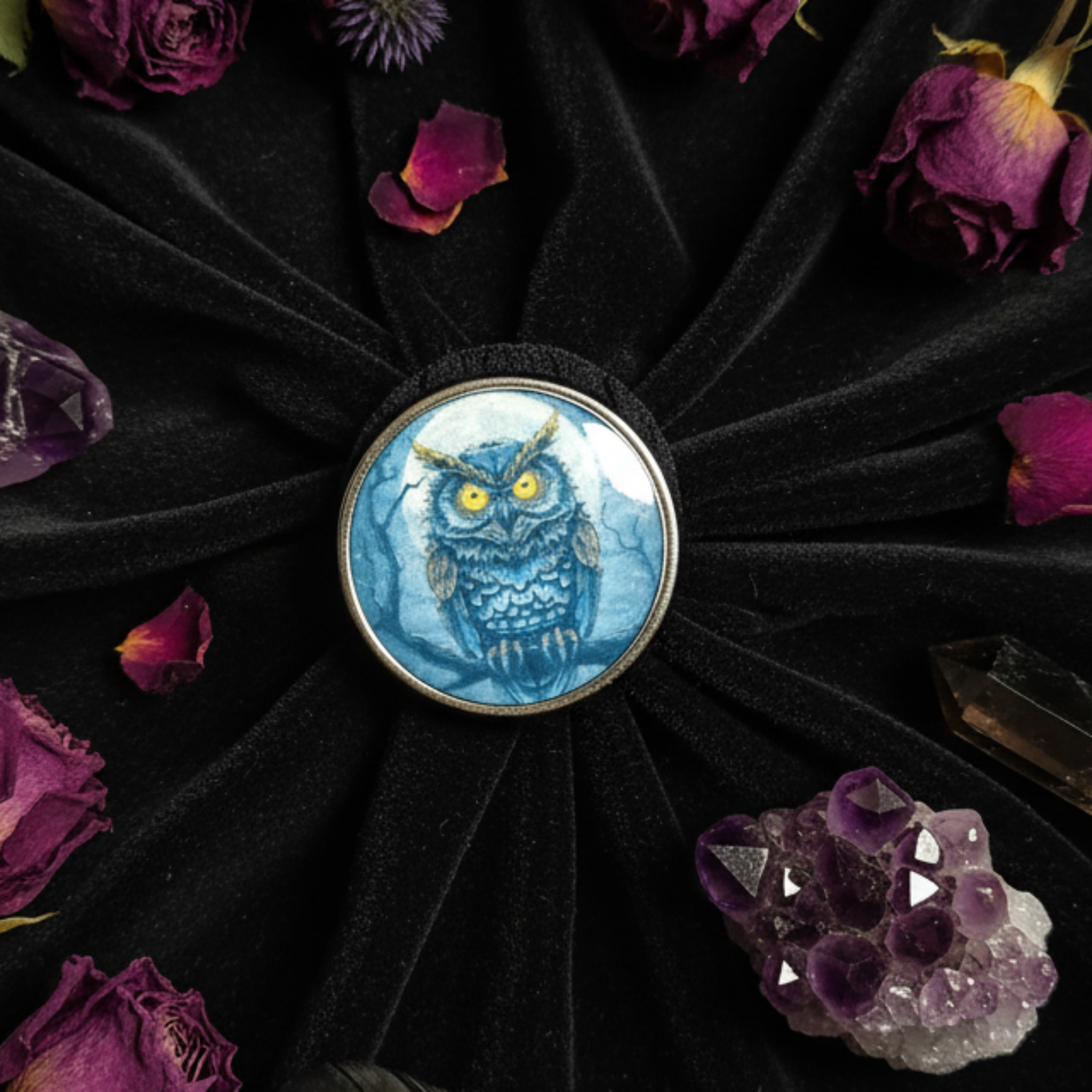 Gothic Owl Pin Badge lifestyle