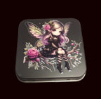 Gothic fairy black square metal storage tin with UVDTF fairy design on lid