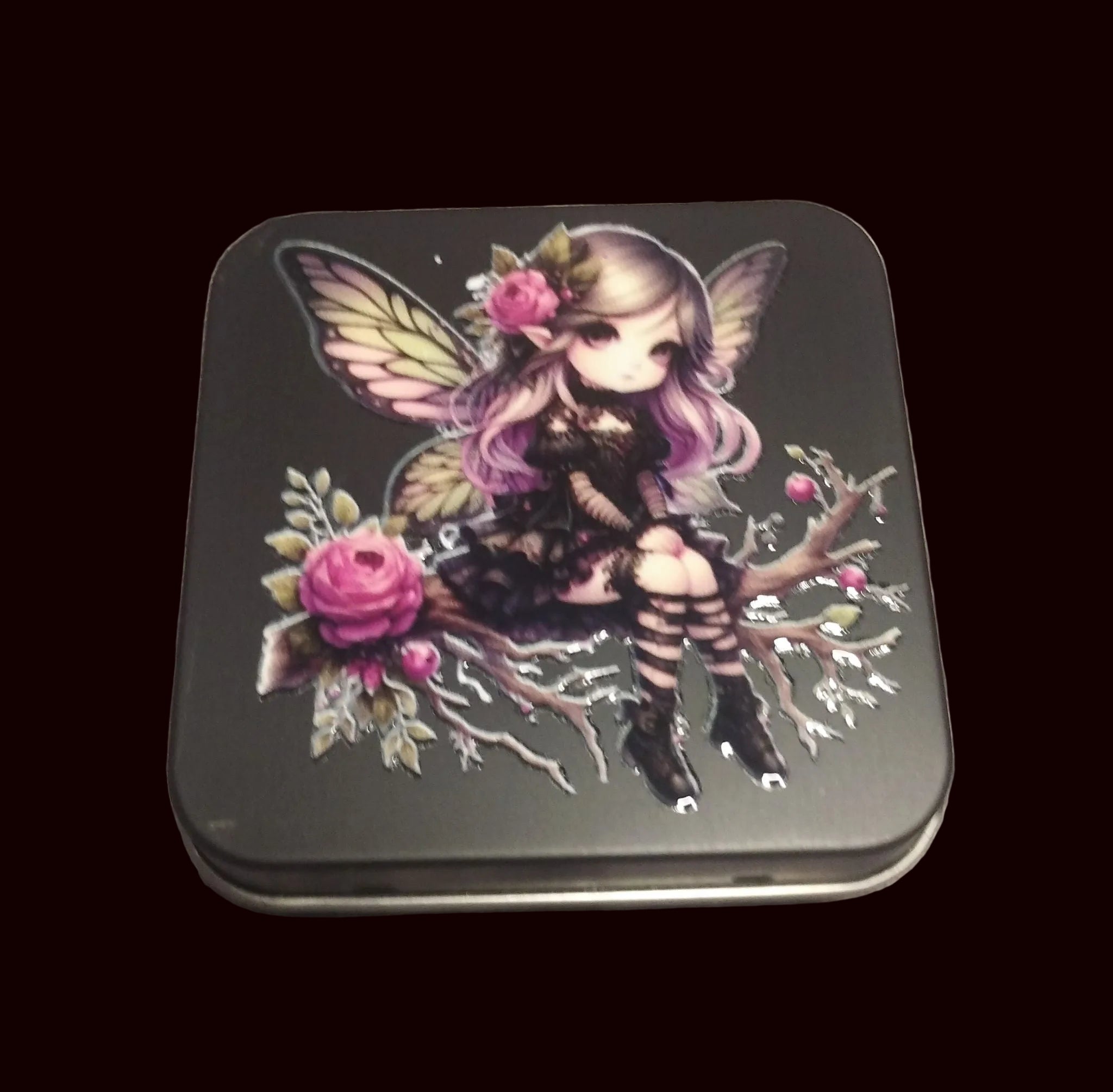 Gothic fairy black square metal storage tin with UVDTF fairy design on lid