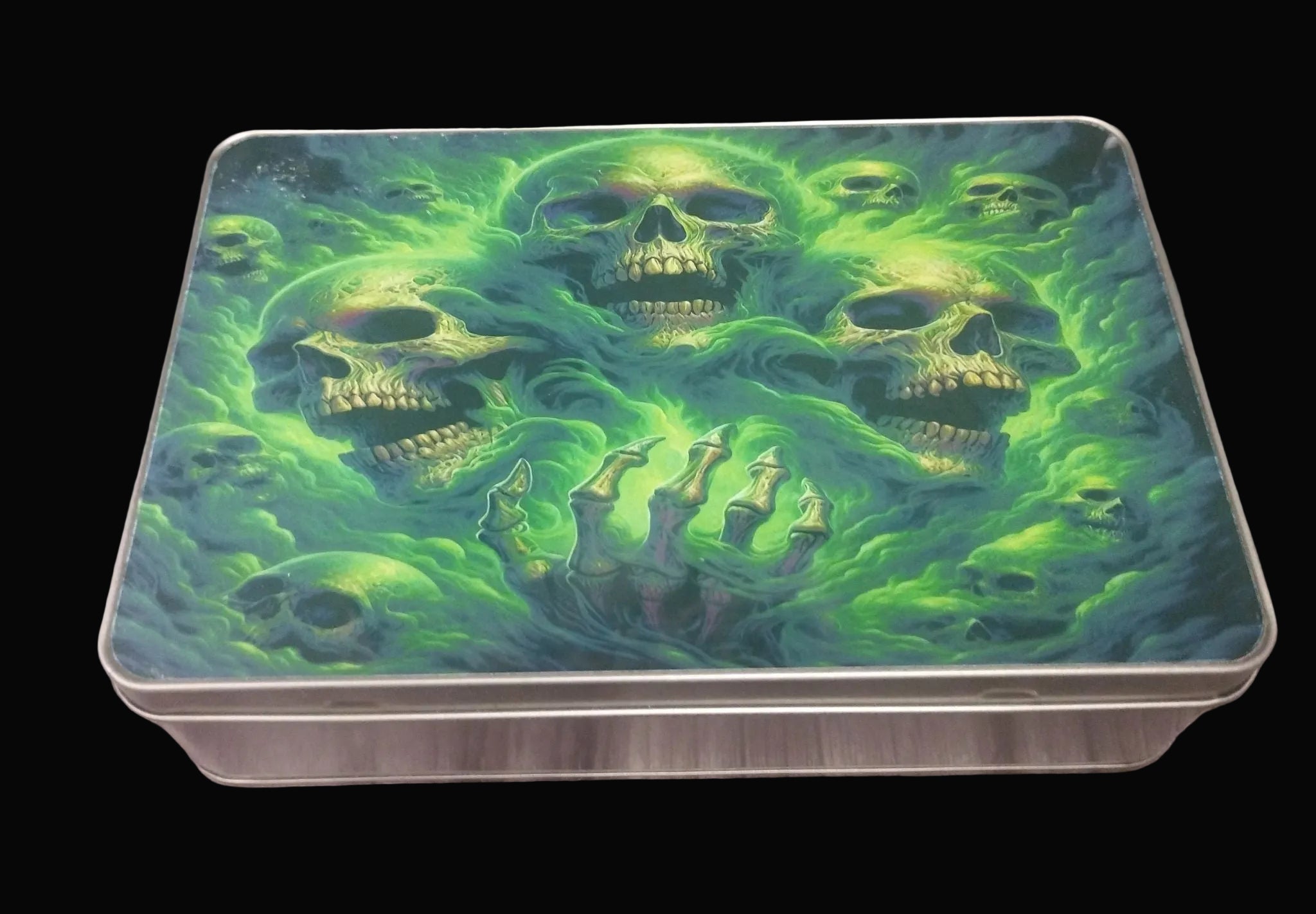Green Skull Flames Gothic Storage Tin - Metal Rectangle Tin