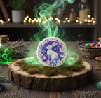 Decorative coaster with rabbit design on a wooden stand with green smoke effects, surrounded by mystical items.