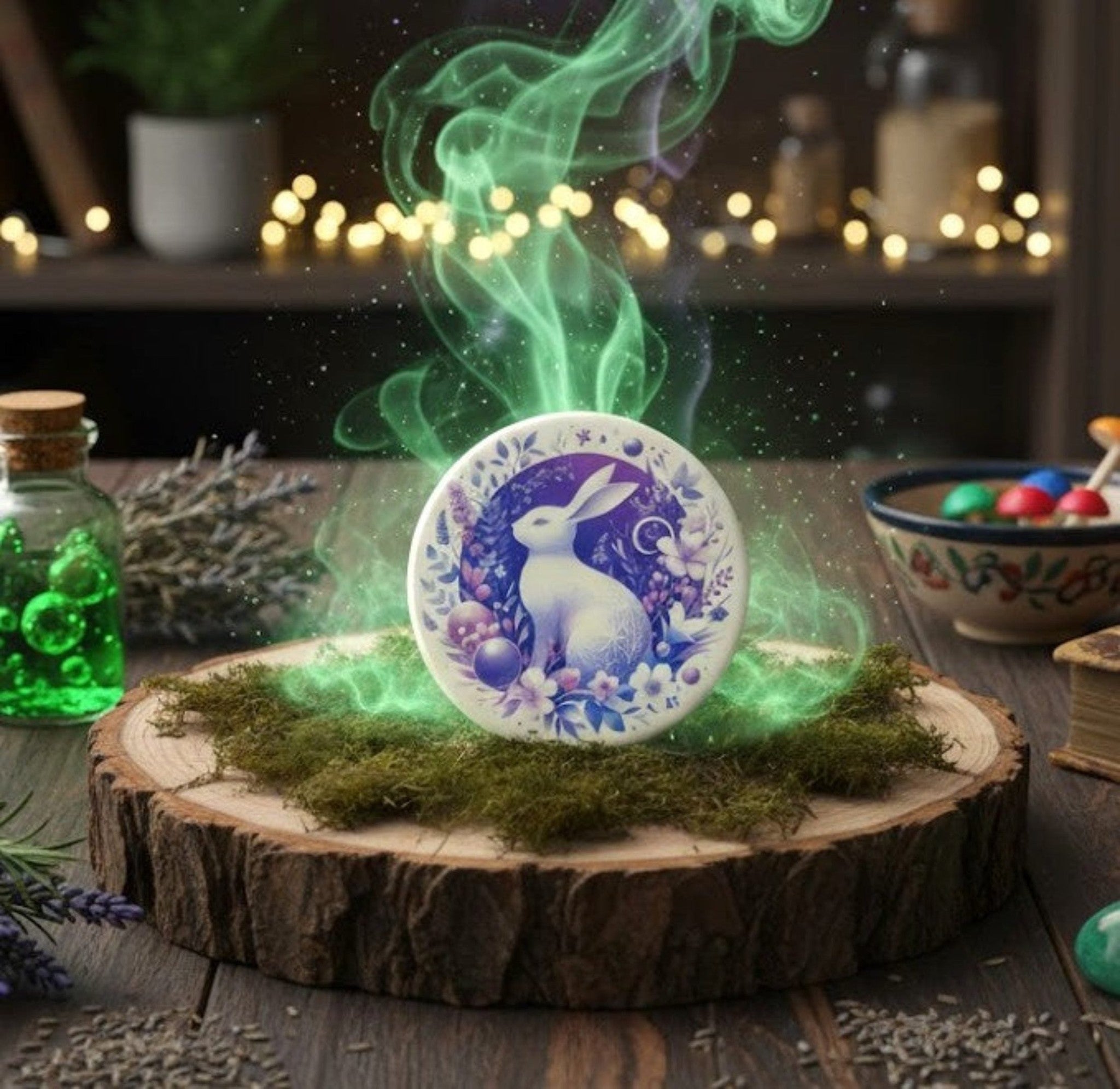 Decorative coaster with rabbit design on a wooden stand with green smoke effects, surrounded by mystical items.