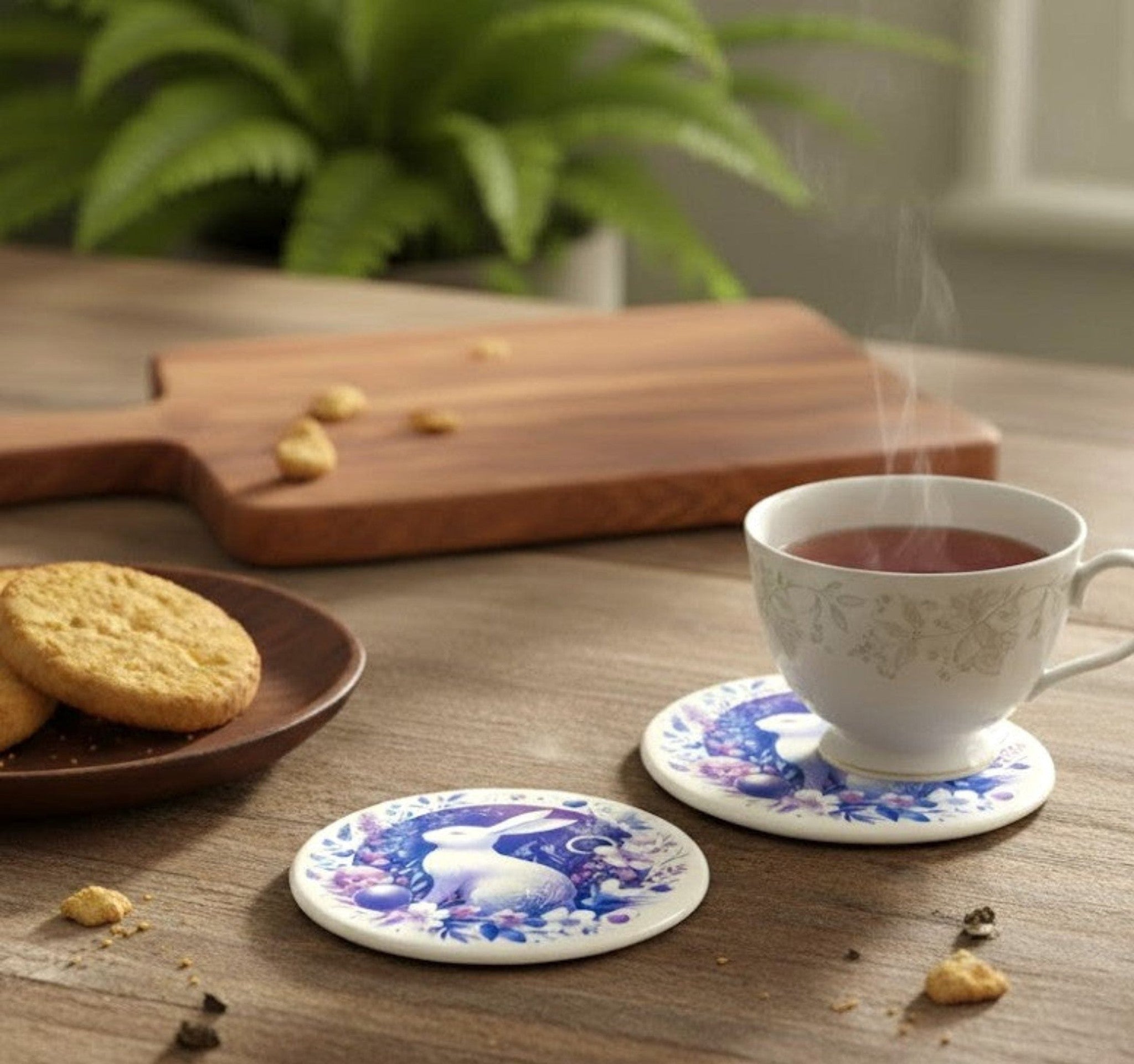 Cup of tea on a coaster with a white rabbit design, cookies, and a cutting board on a wooden table.
