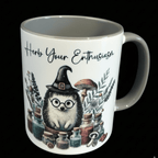 Mug with hedgehog wearing a witch hat and glasses, surrounded by plants and potions, with text 'Herb Your Enthusiasm'.