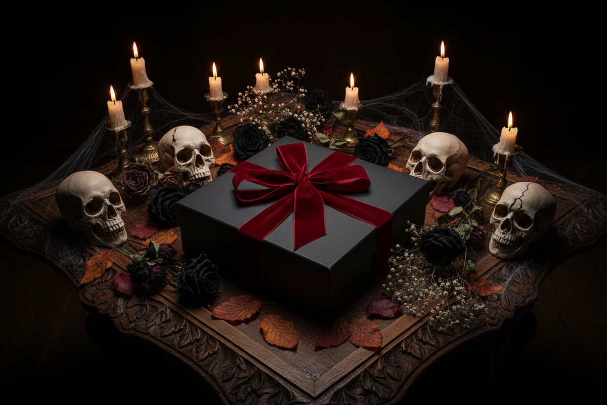 A dark gothic-themed scene featuring a black gift box wrapped with a large red ribbon and bow, placed on an ornate carved wooden tray. The box is surrounded by candles, skulls, dried flowers, spiderwebs, and autumn leaves against a dark background.