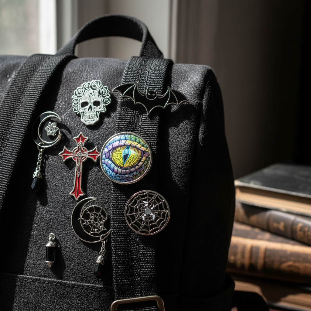 Dragon pin badge on backpack with enamel pins gothic accessories