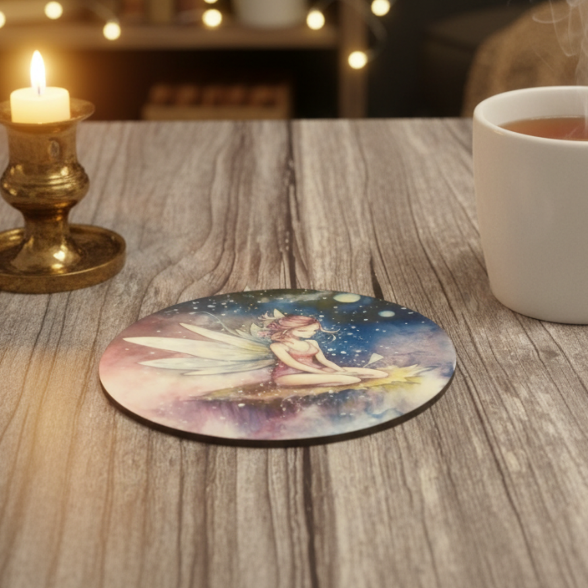 Celestial Fairy MDF Coaster lifestyle image on a rustic wooden table with candlelight
