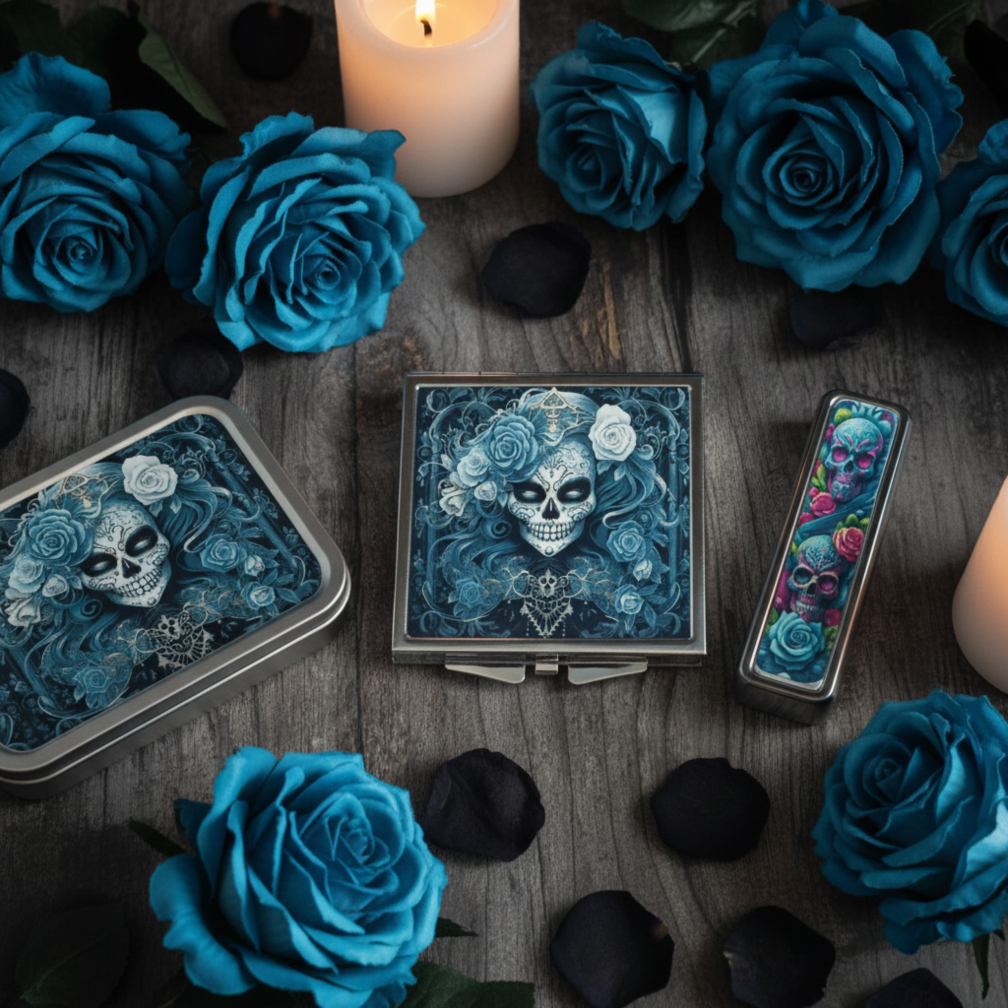 Horror Beauty Gift Set - blue sugar skull compact mirror, lipstick case and trinket tin