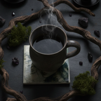 Dark Fae ceramic coaster styled in moody gothic flat lay with steaming mug, candles and crystals