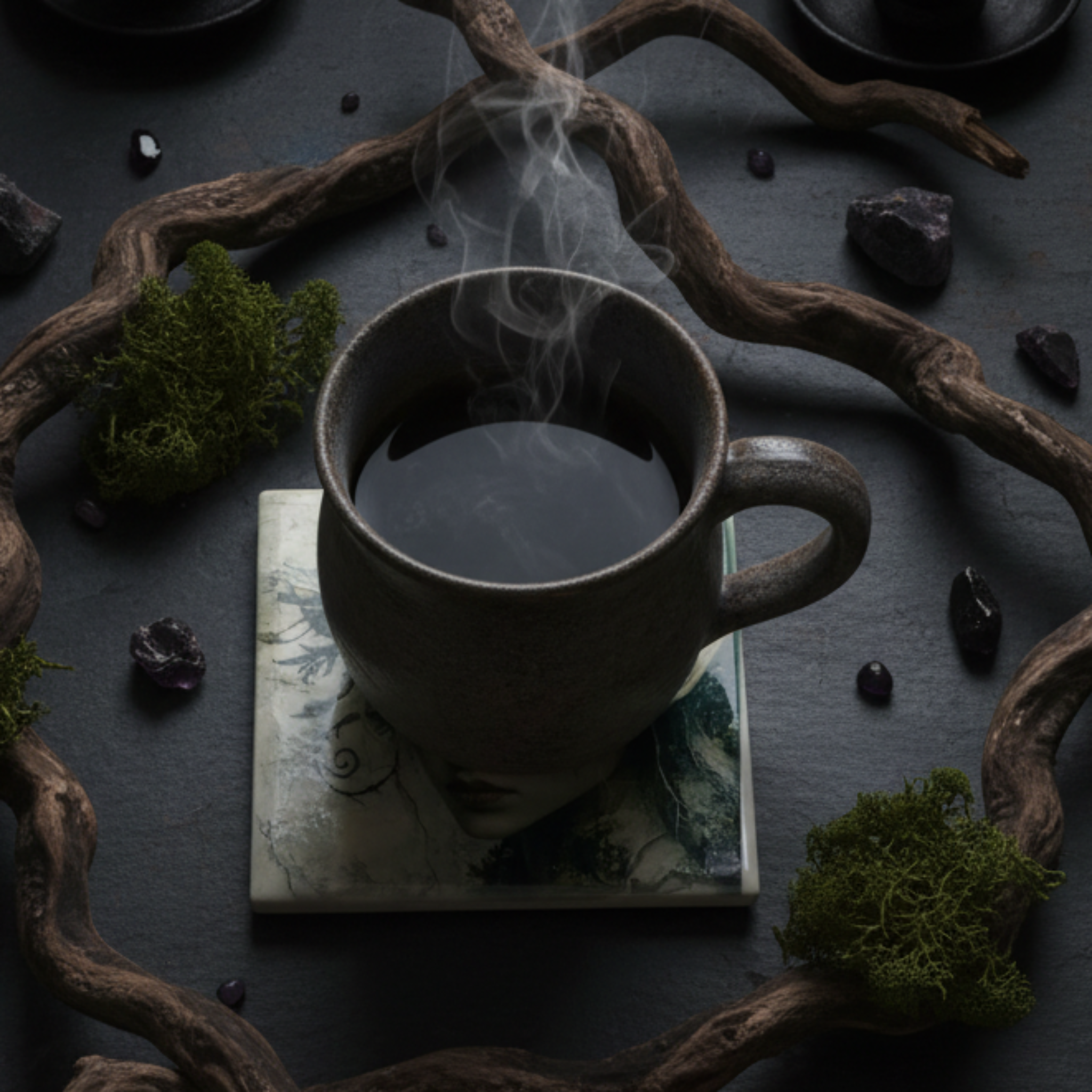 Dark Fae ceramic coaster styled in moody gothic flat lay with steaming mug, candles and crystals