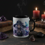 Pretty Witch Ceramic Mug styled in a dark witchcraft lifestyle setting with spell books, crystals and candlelight