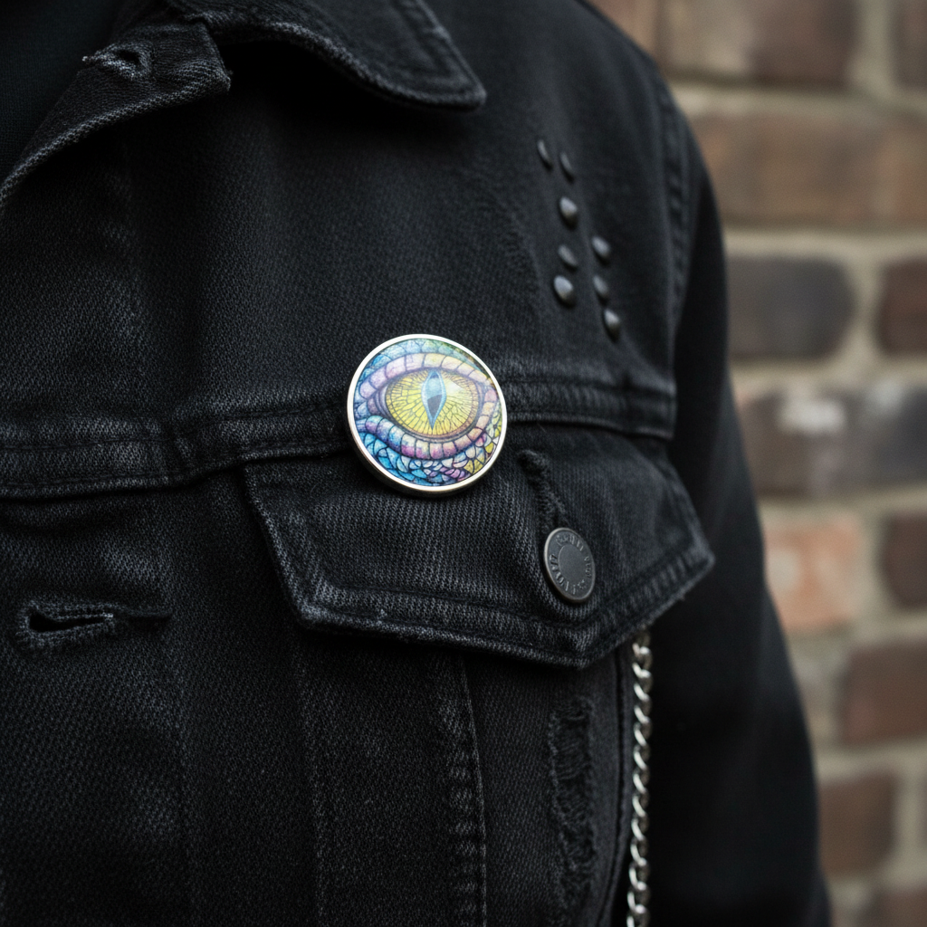 Dragon lapel pin badge on black denim jacket lapel gothic fashion