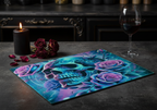 Skull Glass Placemat styled in a dark gothic kitchen setting with candles and roses