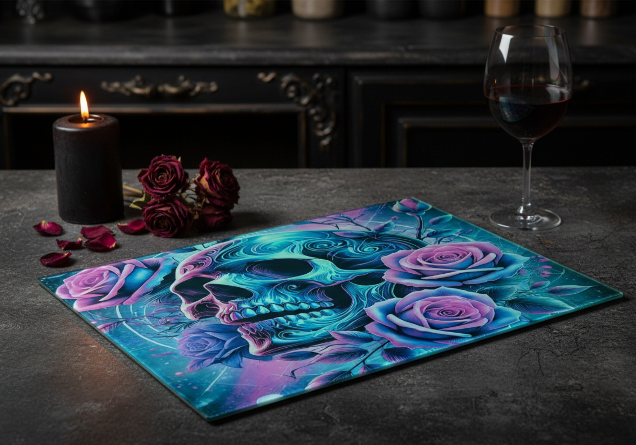 Skull Glass Placemat styled in a dark gothic kitchen setting with candles and roses