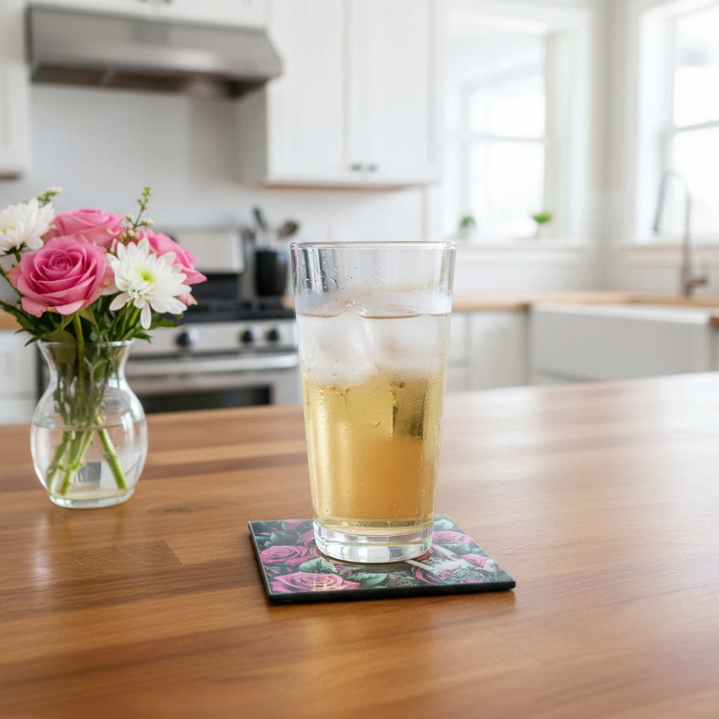 Day of the Dead glass coaster with cold beverage in bright kitchen with flowers