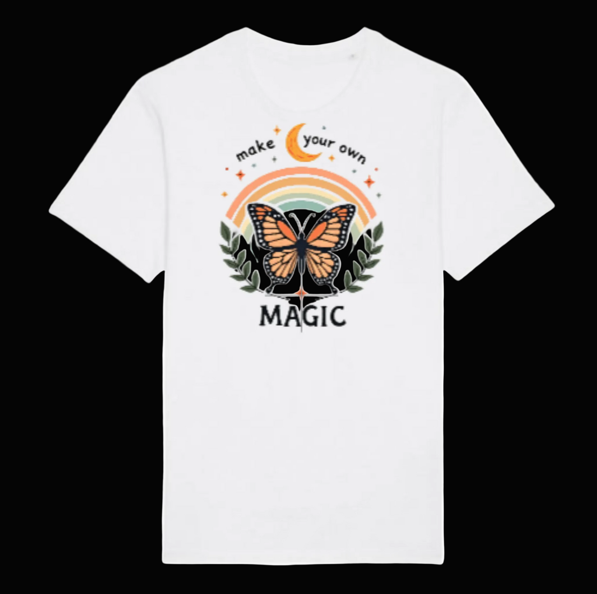 Make Your Own Magic t-shirt in white with butterfly rainbow design