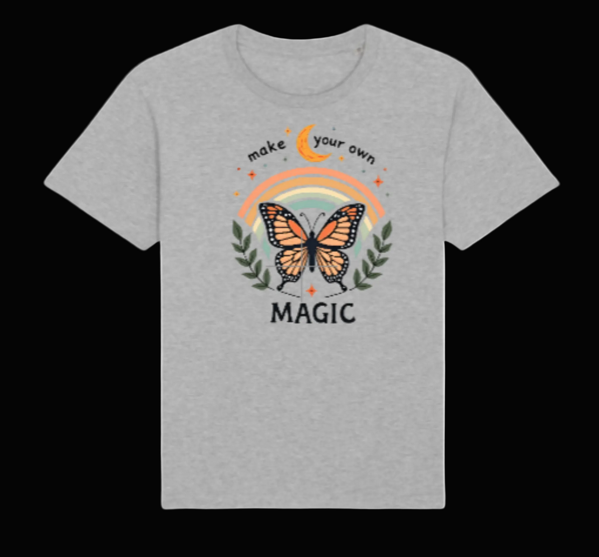 Make Your Own Magic t-shirt in grey with butterfly rainbow design