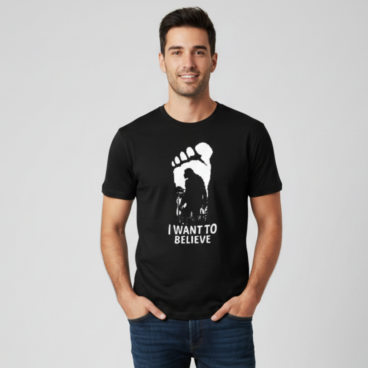 Man wearing Bigfoot I Want To Believe T-Shirt