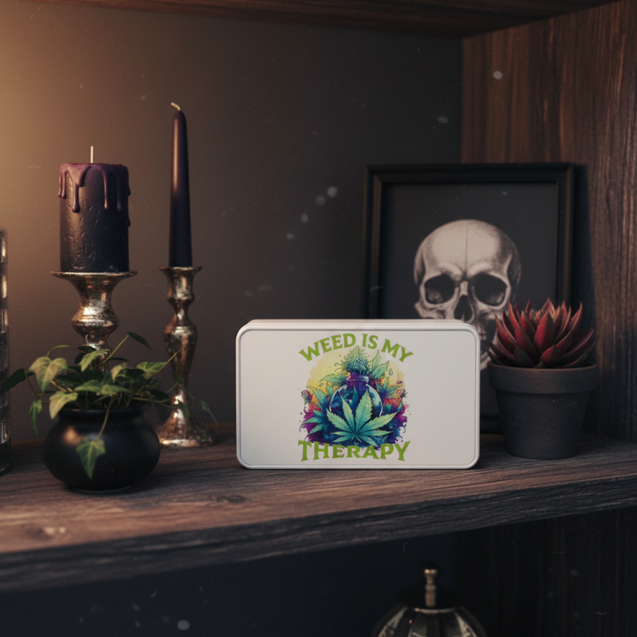 Metal storage tin on gothic shelf