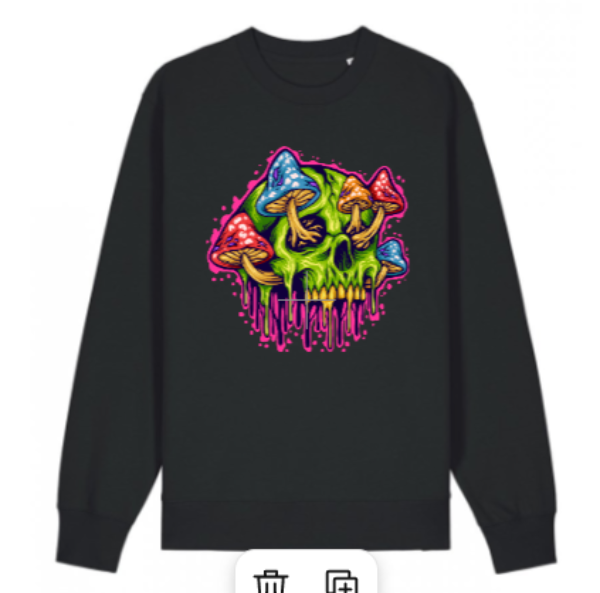 Black sweatshirt with colorful mushroom design on a white background