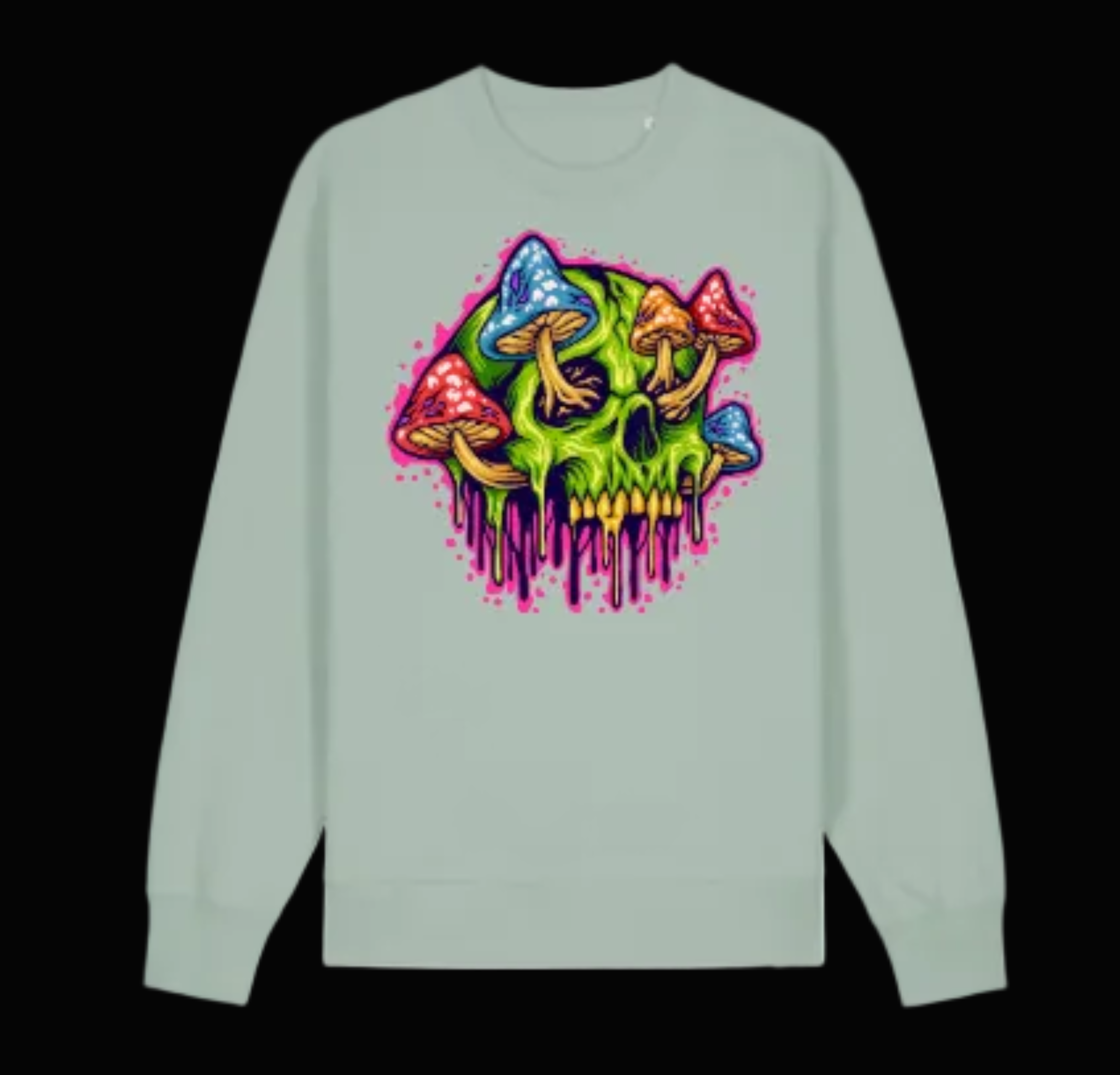 Light green long-sleeve shirt with a colorful mushroom design on a white background