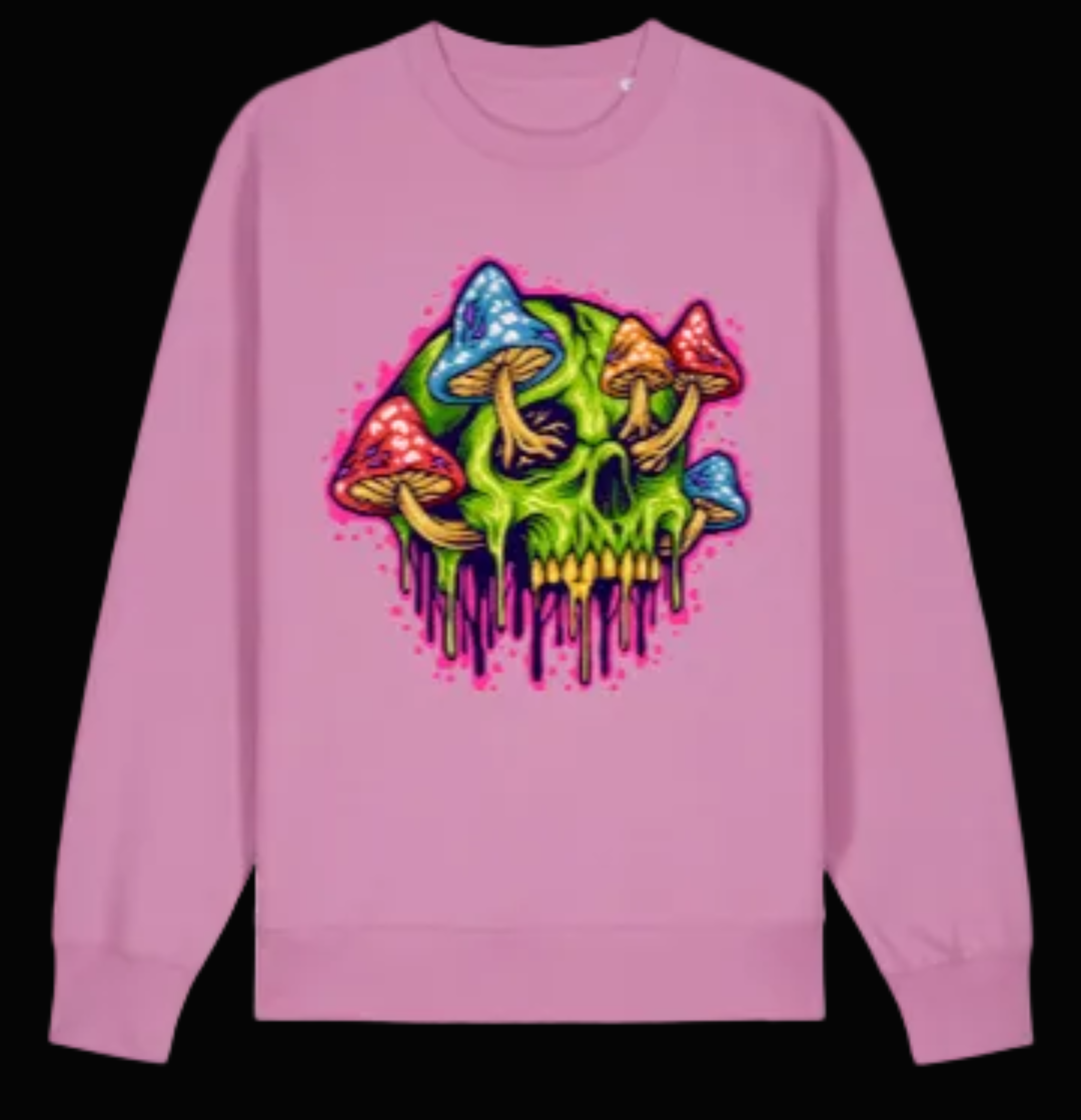 Pink sweatshirt with a colorful skull and mushrooms design on a white background