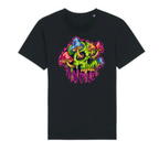 Black t-shirt with a colorful skull and mushrooms design on a white background