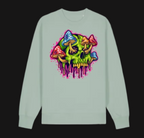 Light green long-sleeve shirt with a colorful mushroom design on a white background