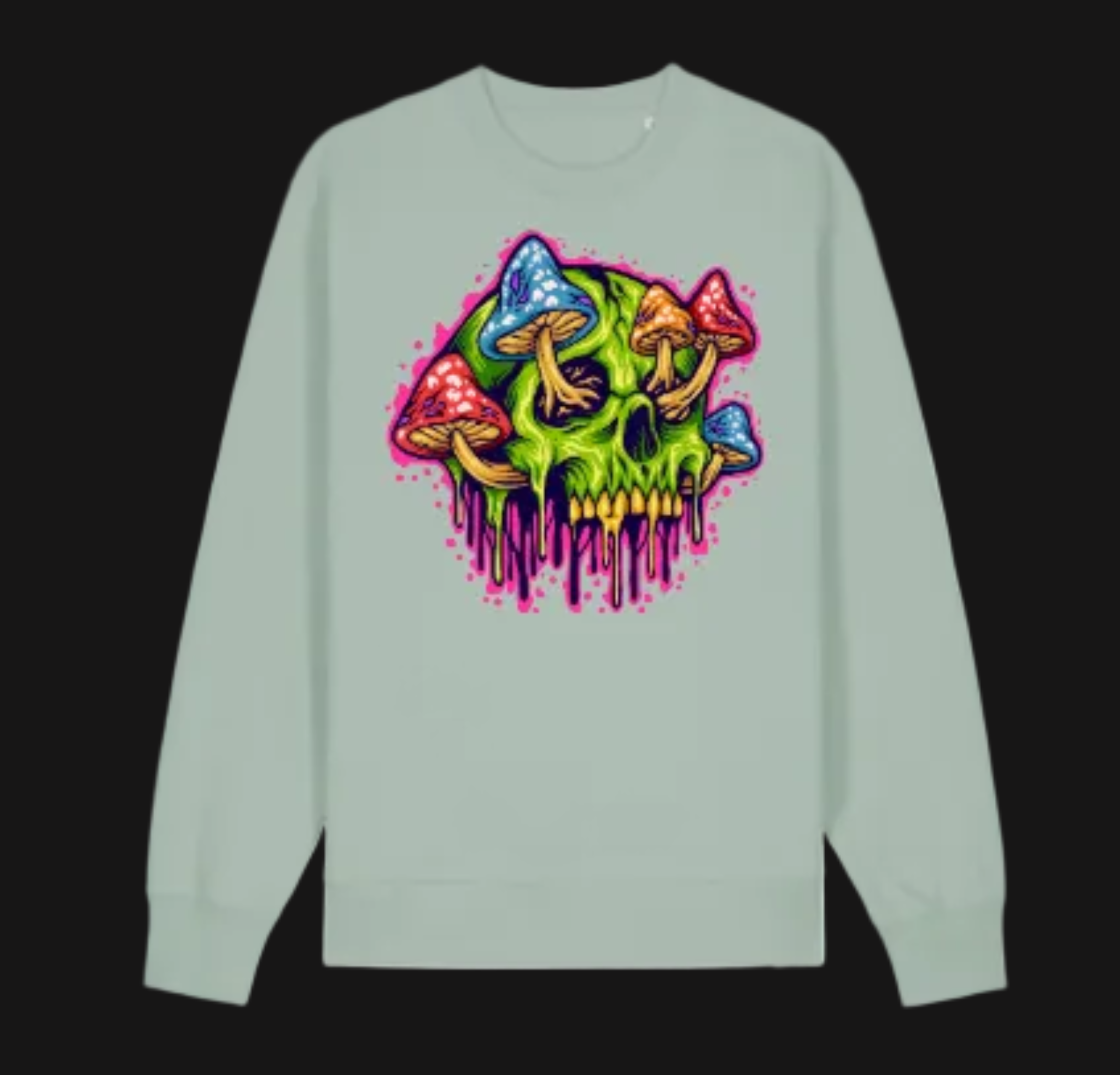 Light green long-sleeve shirt with a colorful mushroom design on a white background