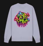 Light purple sweatshirt with a colorful skull and mushrooms design on a white background