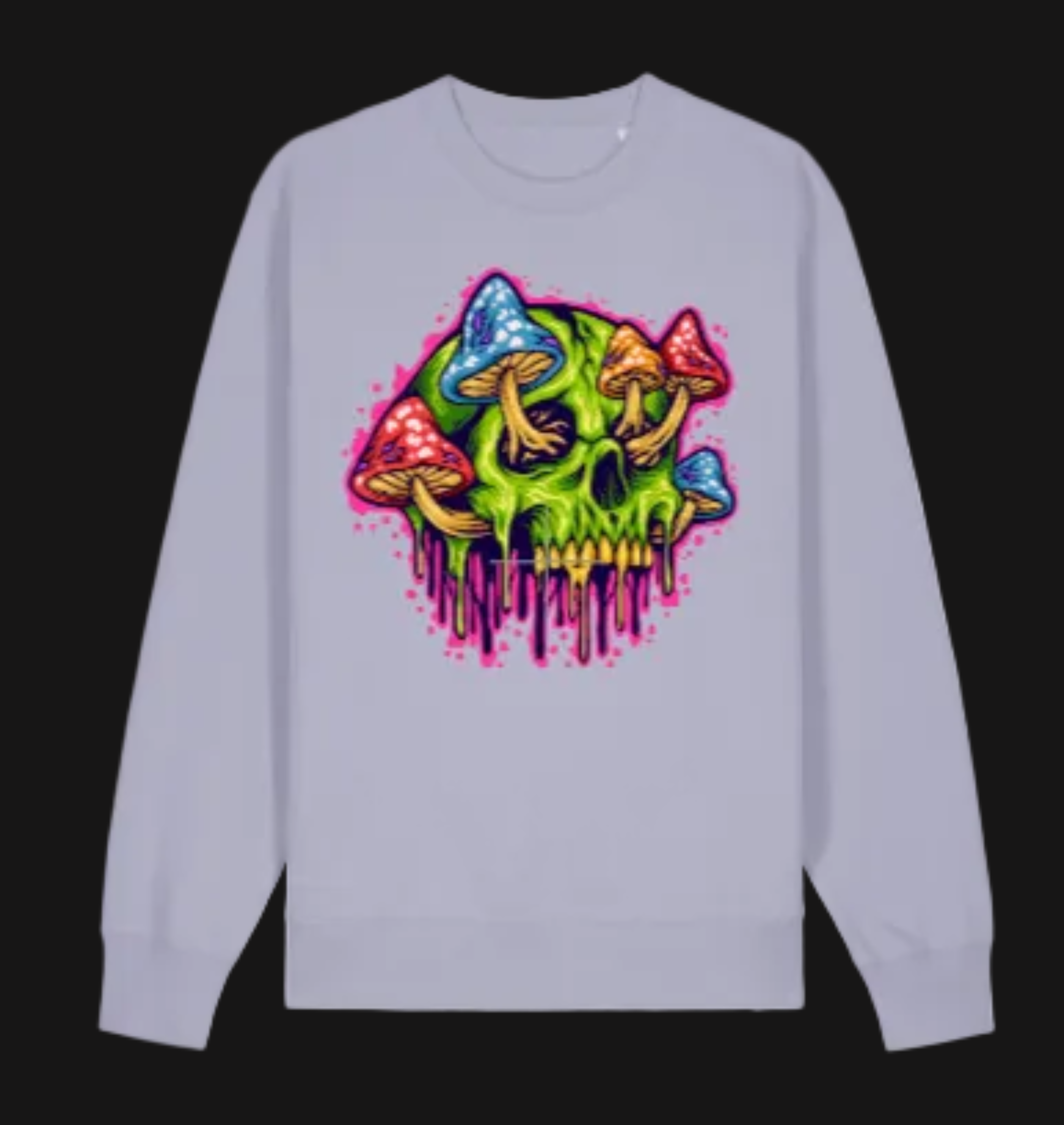 Light purple sweatshirt with a colorful skull and mushrooms design on a white background