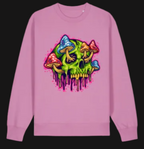 Pink sweatshirt with a colorful skull and mushrooms design on a white background