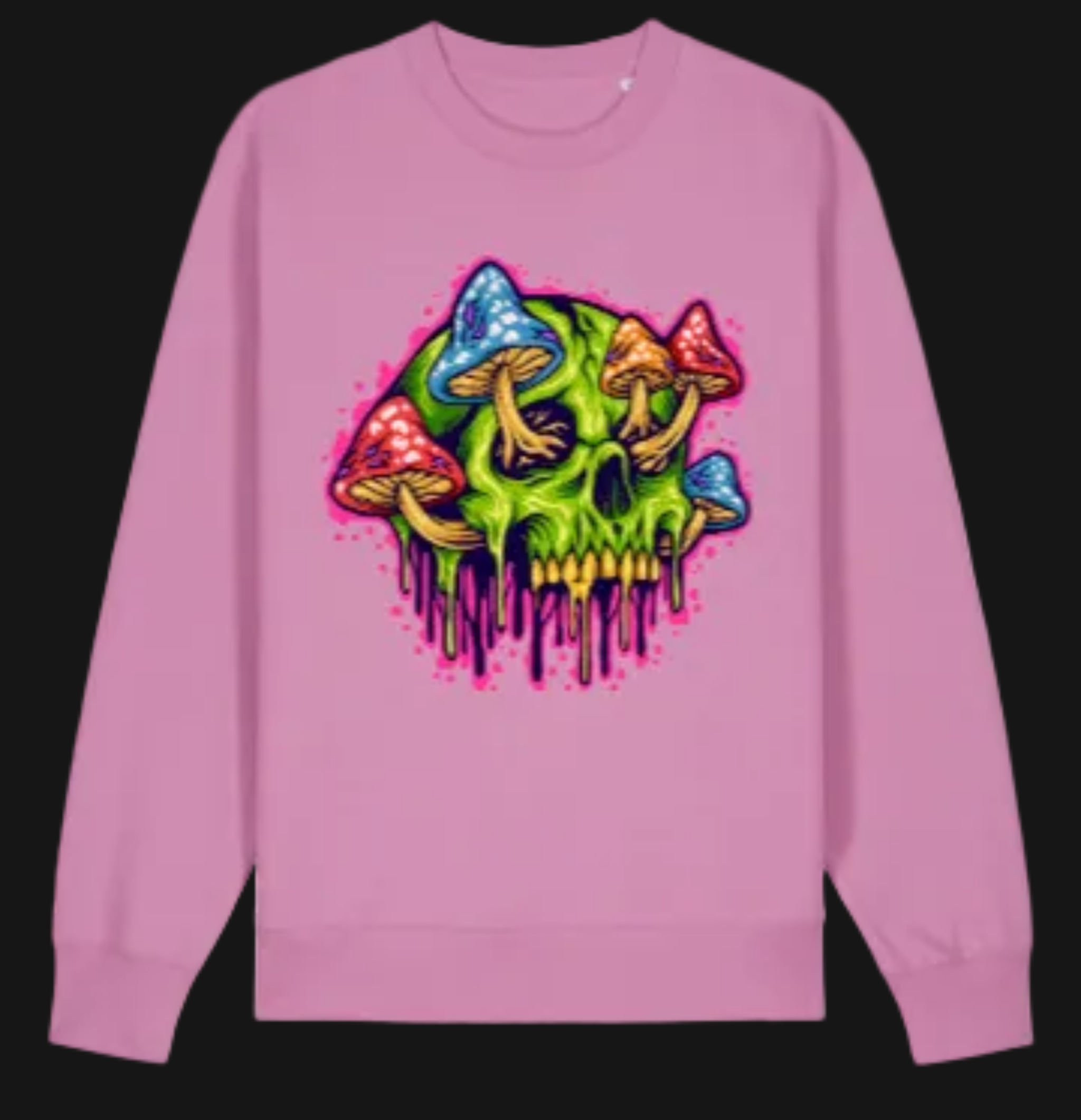 Pink sweatshirt with a colorful skull and mushrooms design on a white background