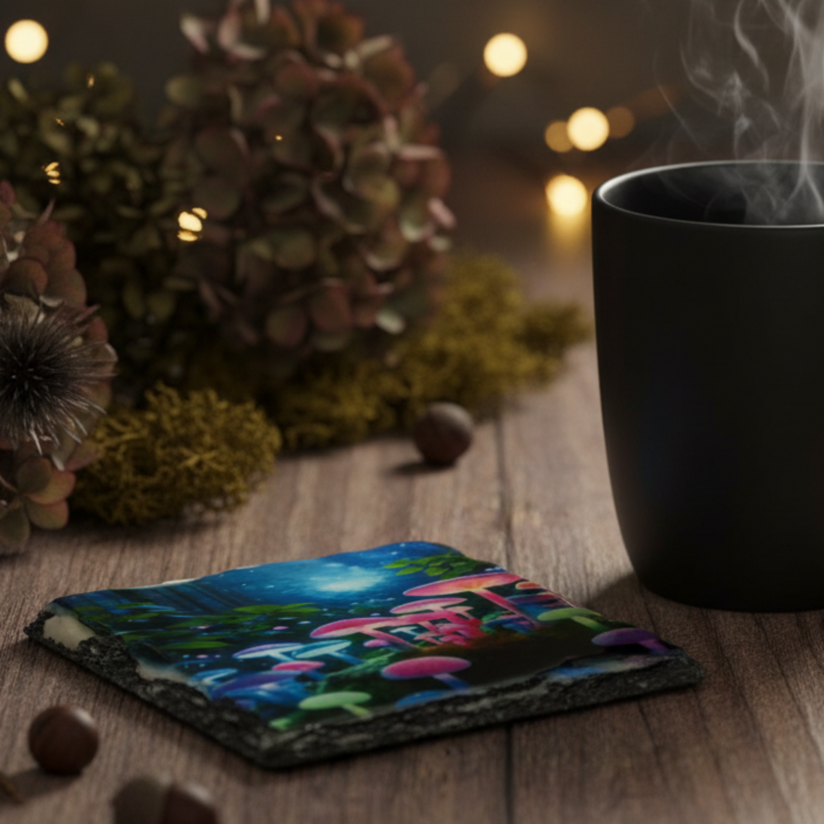 Neon Mushroom Slate Coaster Lifestyle