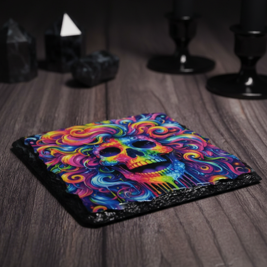 Neon Rainbow Skull Slate Coaster Lifestyle