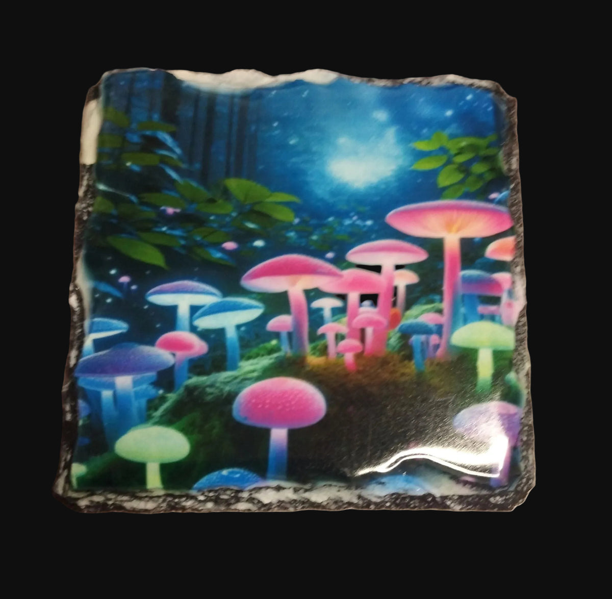 Neon Mushroom Slate Coaster featuring a magical forest scene with glowing colourful mushrooms under a moonlit sky