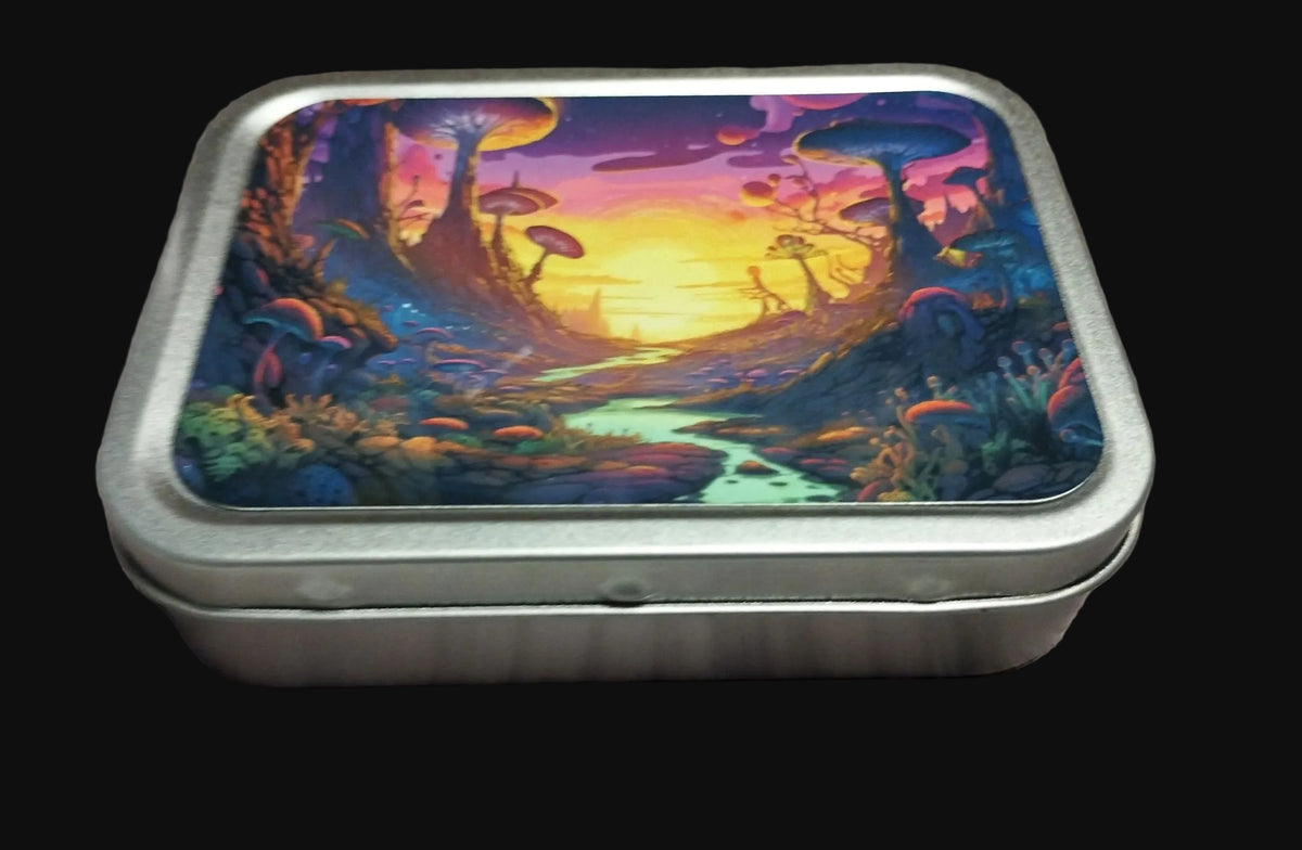 Neon mushroom forest tobacco tin — closed lid view