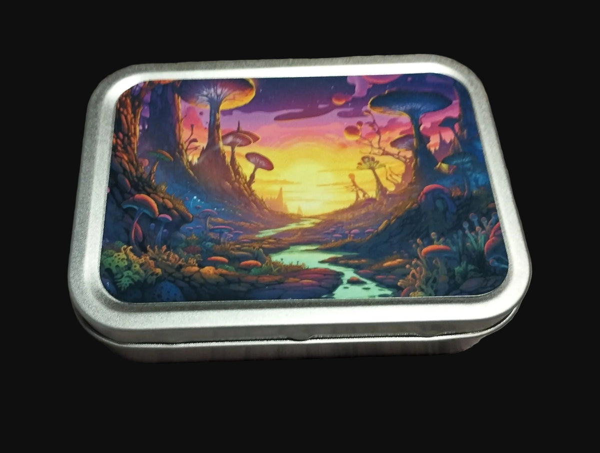 Neon mushroom forest tobacco tin — angled view