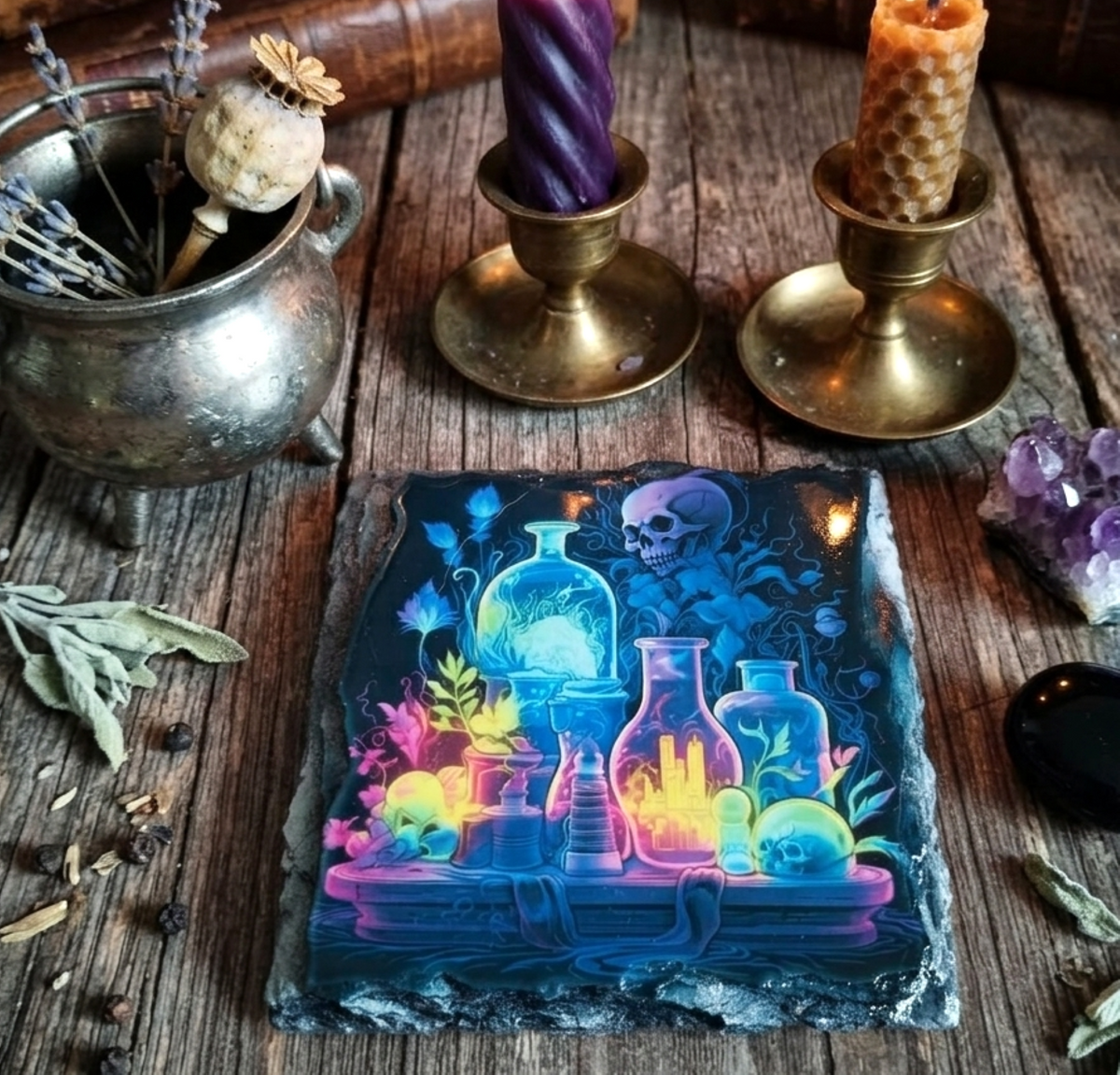 Neon Potions Slate Coaster - Halloween Horror Witch Decor