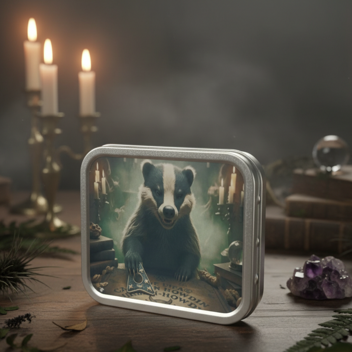Ouija Badger Trinket Tin in a gothic candlelit setting