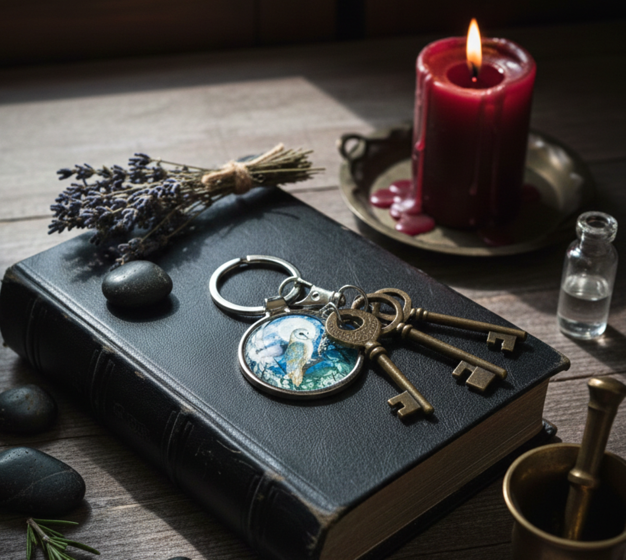 Owl keyring with amethyst crystals and a charm