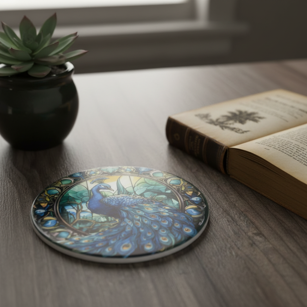 Peacock coaster reading scene