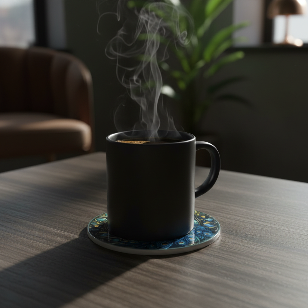 Peacock coaster with coffee