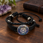 Pentagram bracelet styled on a witchy wooden dressing table