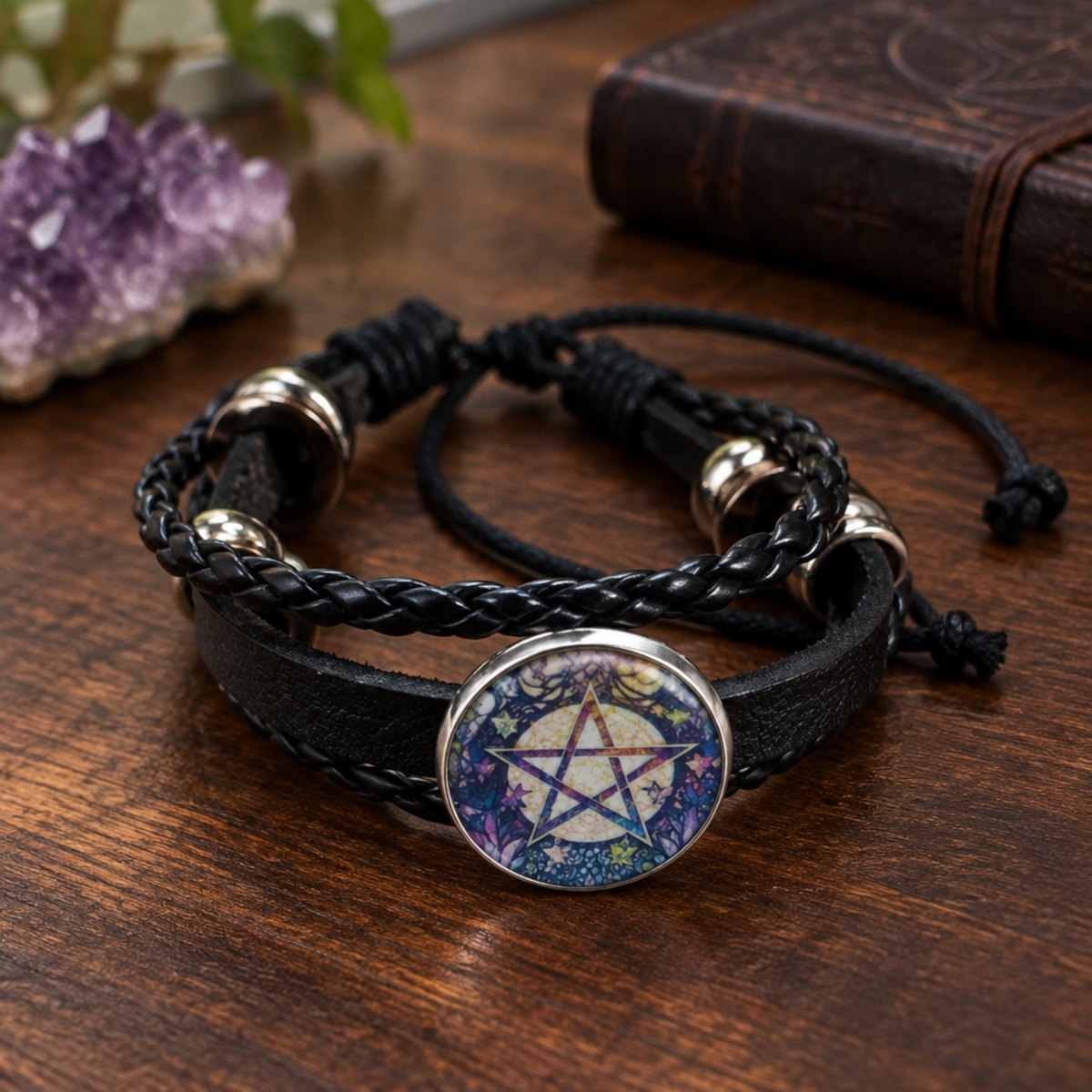 Pentagram bracelet styled on a witchy wooden dressing table