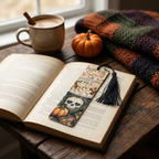Pumpkin Spice bookmark in a cosy autumn reading scene