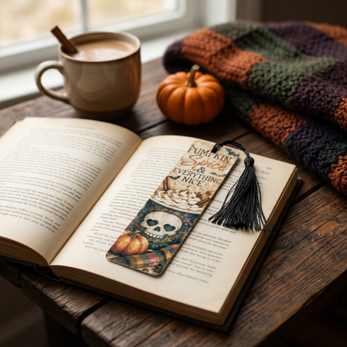 Pumpkin Spice bookmark in a cosy autumn reading scene