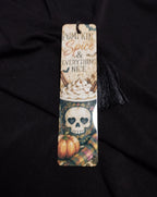 Pumpkin Spice & Everything Nice bookmark with black tassel, skull, pumpkin, bats and autumn drink artwork.